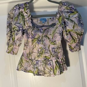 CeCe Puff Sleeves Blouse Purple Flowers Size M